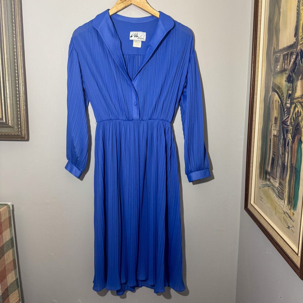 Vintage 80s Willi of California Royal Blue Pleated Midi Dress Size 12